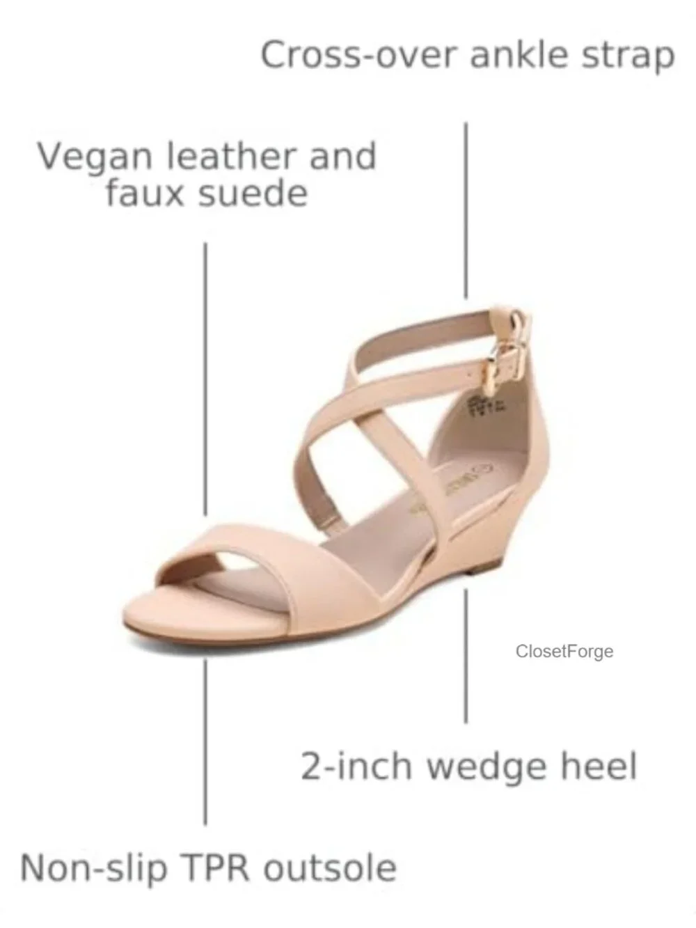 Women's Low Wedge Sandals with Ankle Strap, Open Toe, Faux Suede & Vegan